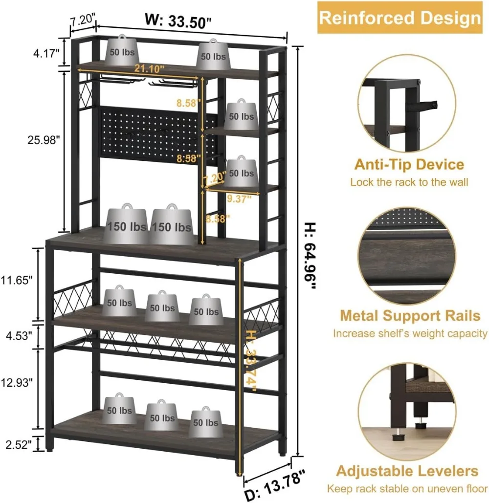 Wine Rack Freestanding Floor, Liquor Bar Cabinet with Storage, Coffee Bar Table with Glass Holder，Bakers Stand for Home