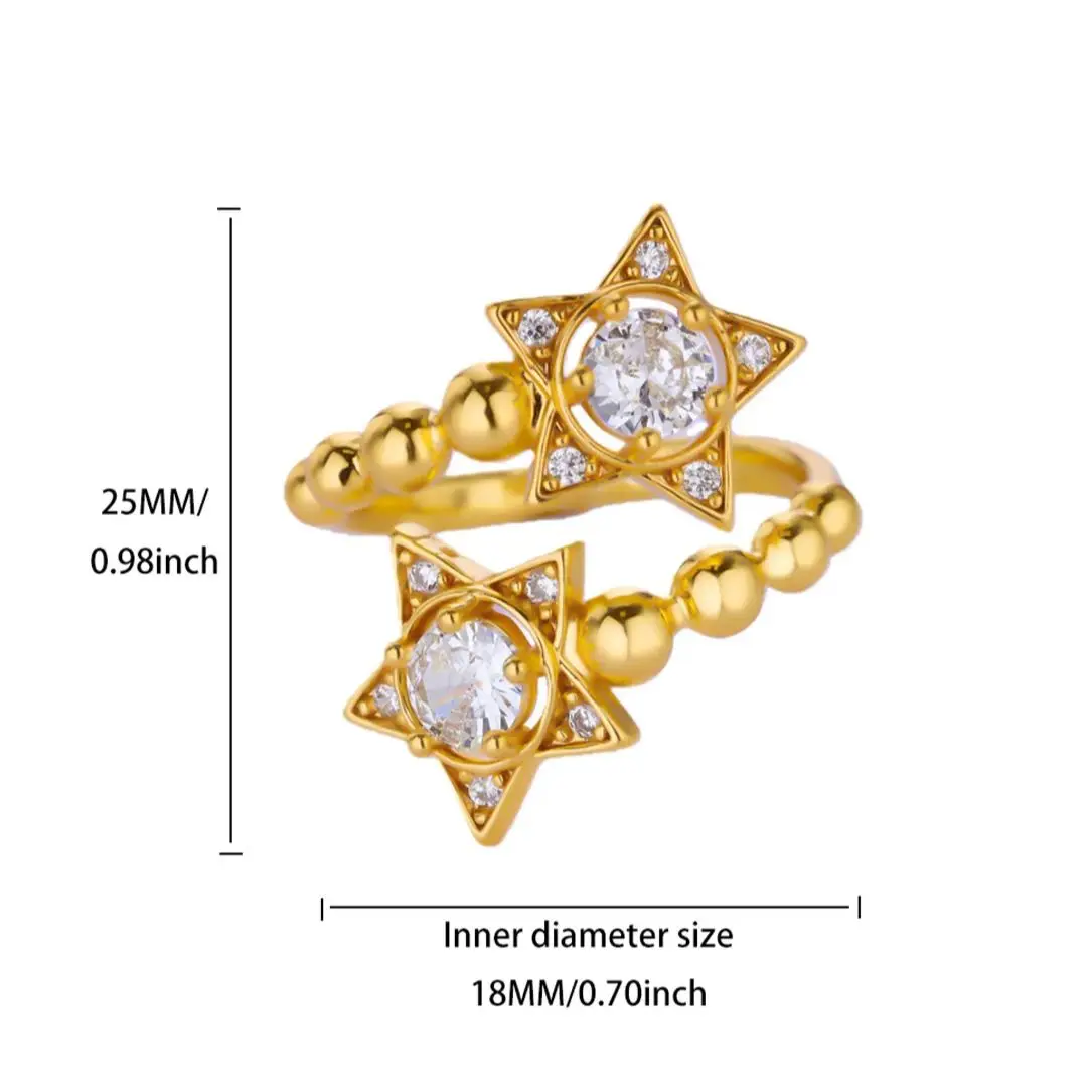 Zircon Double Star Rings for Women Gold Color Stainless Steel Crystal