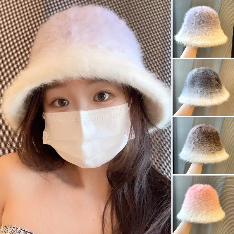 

Cross-Border New Gradient Color Bucket Shape Hat Women's Casual Warm Ear Protection Fluffy Fisherman Hat A Variety Of Options