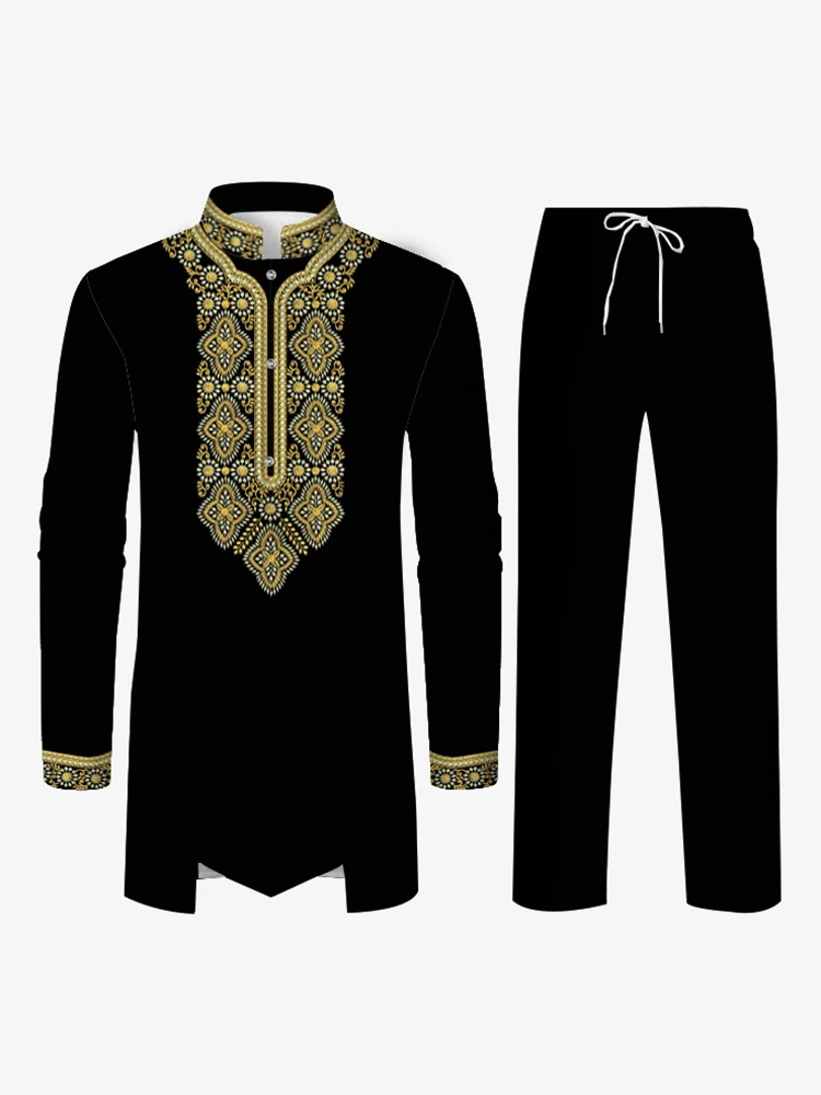 2-Pcs Men's Muslim Robe Two Pieces Clothes and Trousers Middle Eastern Arab Costume Muslim Prayer Clothing Muslim Print Clothes