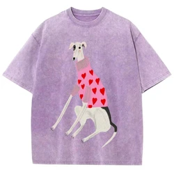 Whimsical Dachshund Print Oversized Cotton T - Shirt for Women - Comfortable O - Neck Distressed Summer Streetwear Top (Purple)