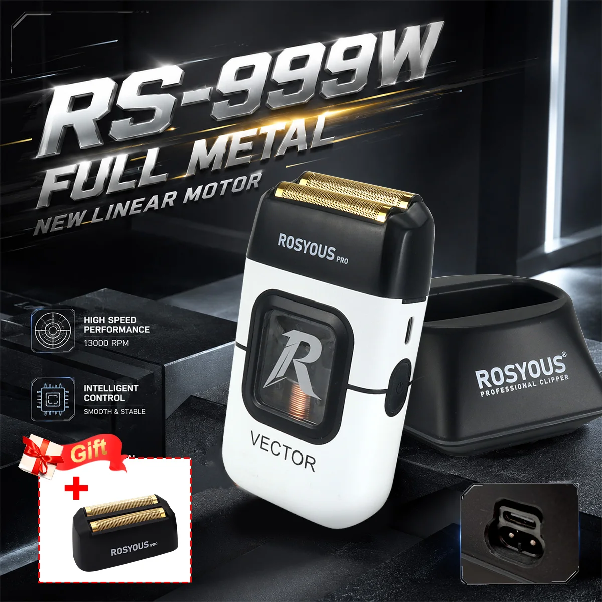 ROSYOUS Professional Electric Shaver 13000RPM Vector Magnetic Motor Metal Body with Base Charger Double Foil Men's Trimmer 999W