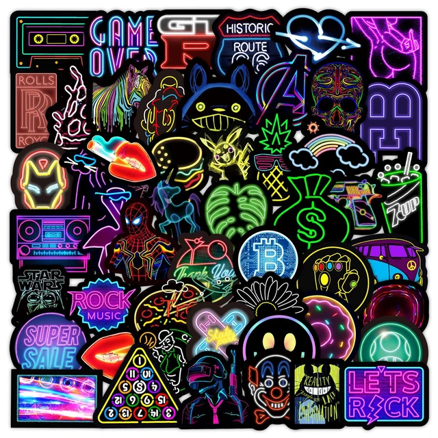50pcs Cartoon Neon Light Stickers Funny Skull Lips Diy Toy Guitar  Motorcycle Luggage Suitcase Decal Graffiti Stationery Sticker - Party  Stickers & Labels - AliExpress
