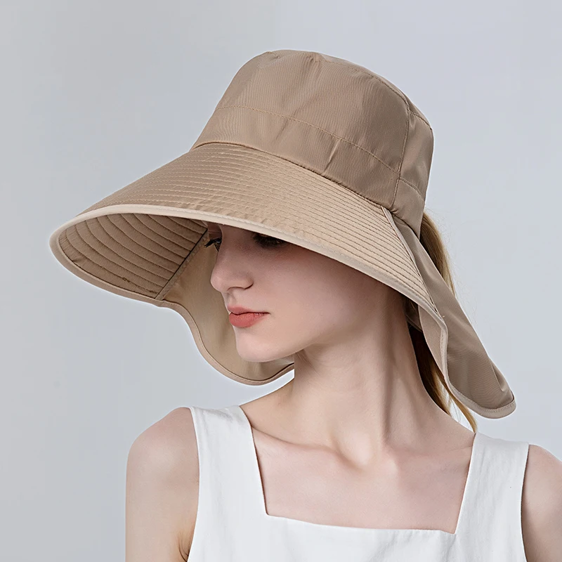 Women Snap Fastener Big Brim Hat Protection Visors Bucket Hat