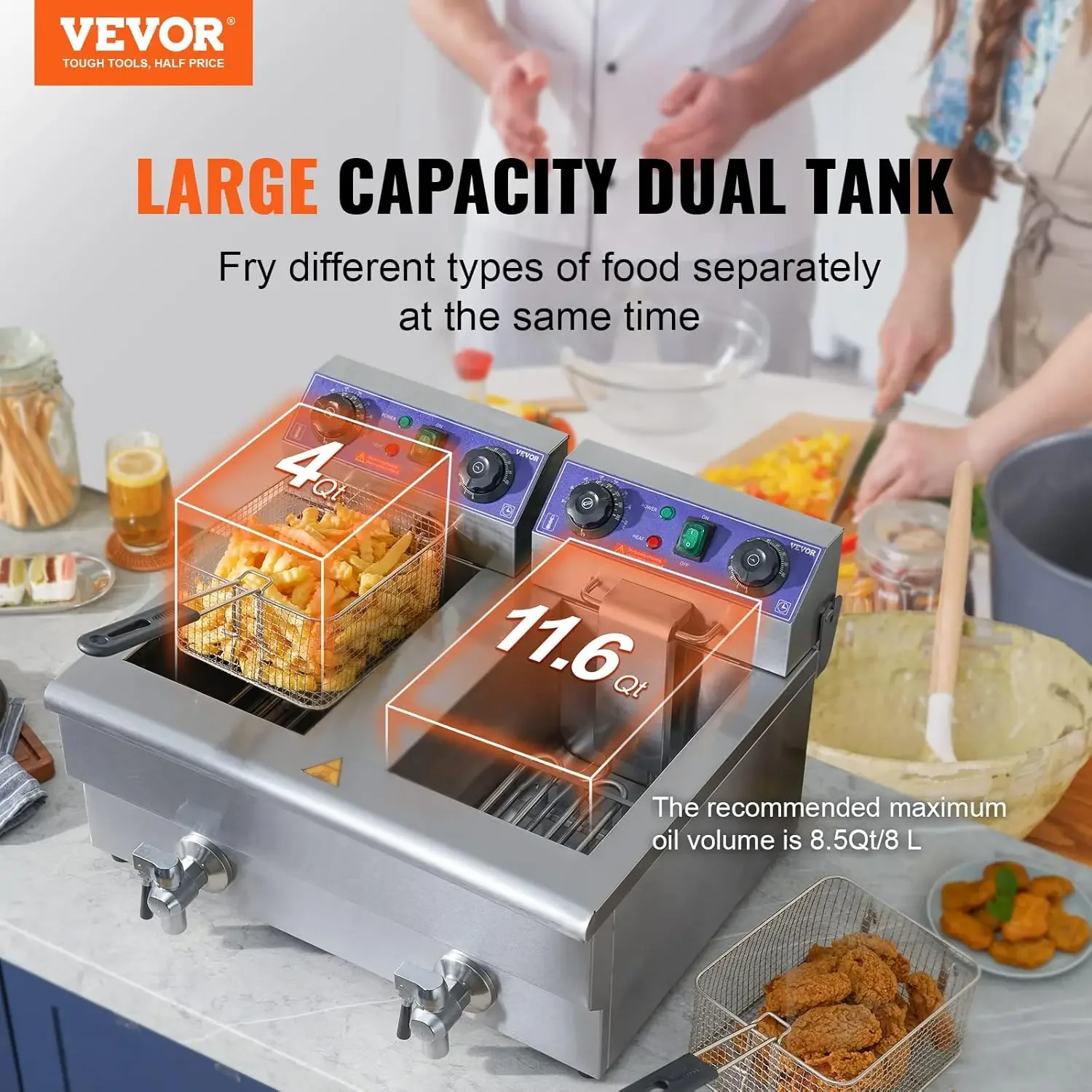 Commercial Electric Deep Fryer, 24L 3000W w/Dual Removable Basket, Stainless Steel Electric Countertop Fryer w/Time Control and 2