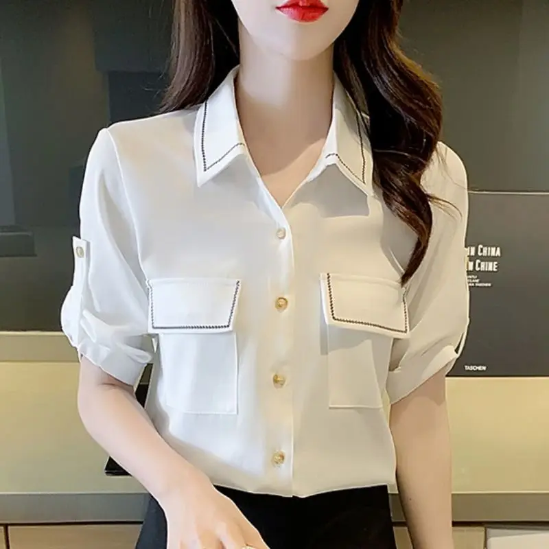 

Elegant Fashion Harajuku Slim Fit Female Clothes Loose Casual All Match Tops Women Button Pockets POLO Collar Short Sleeve Blusa