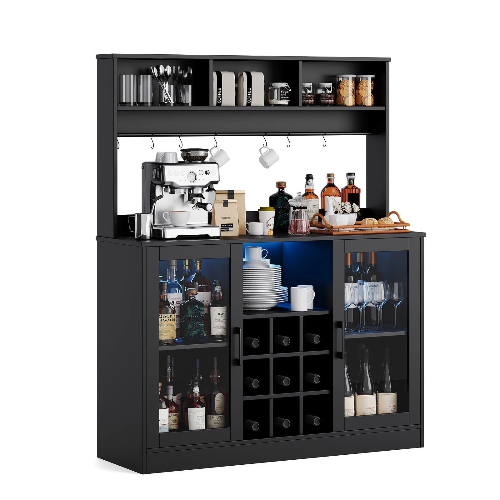 Liquor & Coffee Bar Cabinet – LED, Power Outlet, Wine & Glass Storage 1