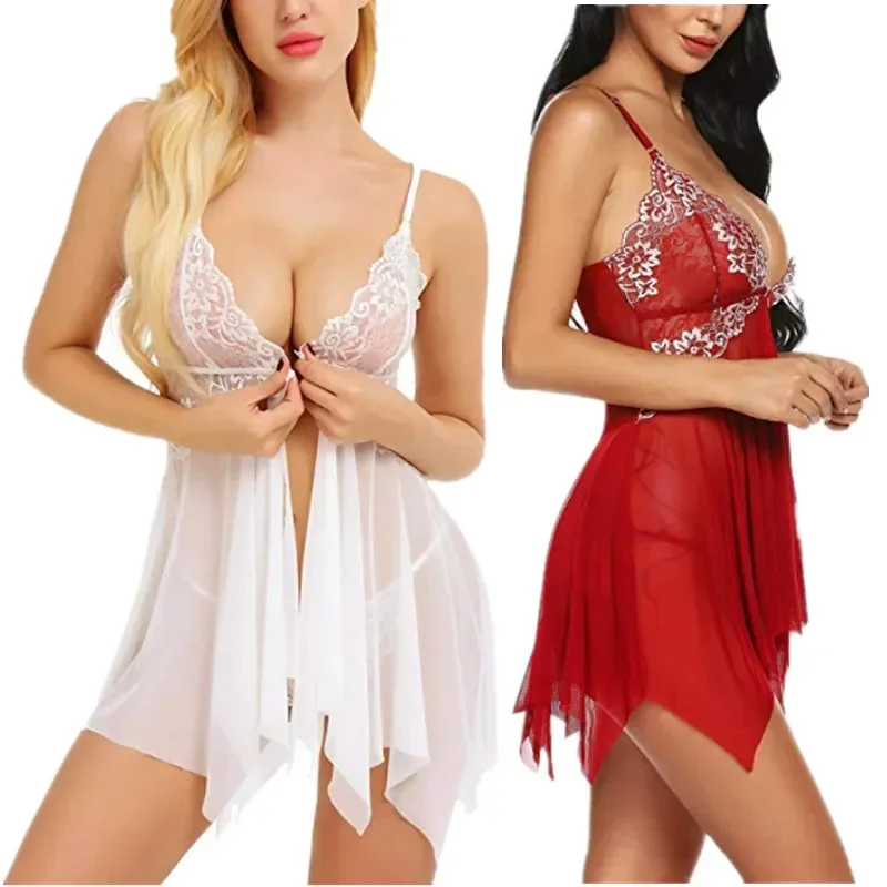 Women Sexy Night Dress Erotic Lingerie Front Closure Transparent Lace Underwear Floral Sleepwear