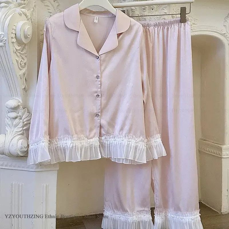 طقم بيجامة حرير نسائي دانتيل كم طويل