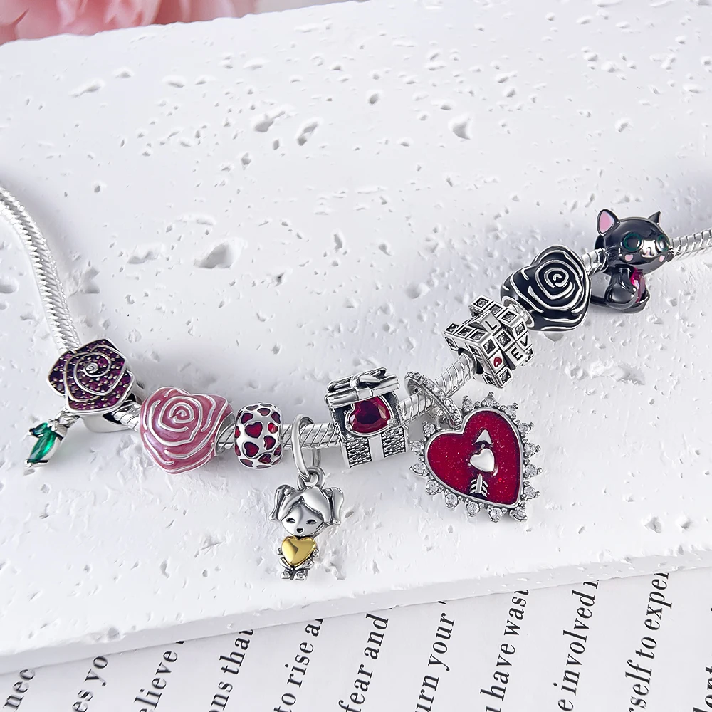 New 925 Silver Sparkling Magic Cube Love Charm Red Heart Beads DIY for Women Original Bracelet Fine Jewelry Gift Accessories 2