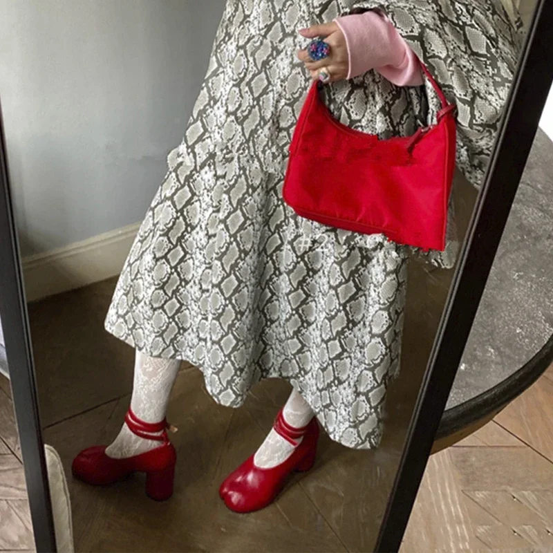 2024 Vintage Spring Fashion Slipt Toe Women Pumps Chunky Round Strap Buckle High Heels Red Leather Brand Design Shoes Women 2