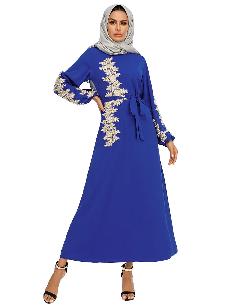 

Muslim Women's Dress Elegant Embroidery Lace Up Slim Long Sleeve Dresses Abaya Dubai Hijab Robe for Party 2023 New