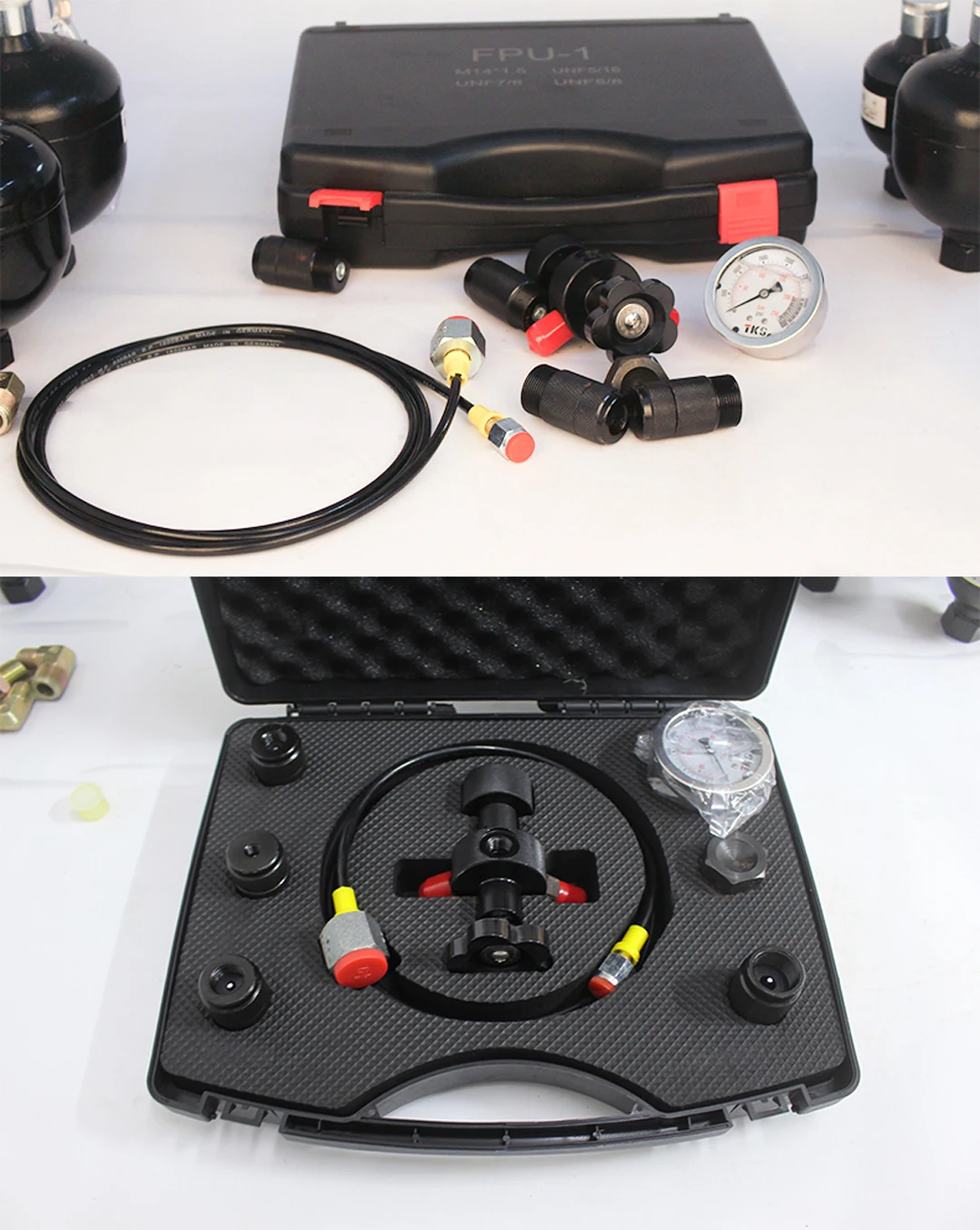 Description Picture 2 of itemHydraulic Nitrogen Pressure Test Kit Gas Charging Tools with 1 Gauges 4 Type Adapters 25 Mpa 3600 PSI