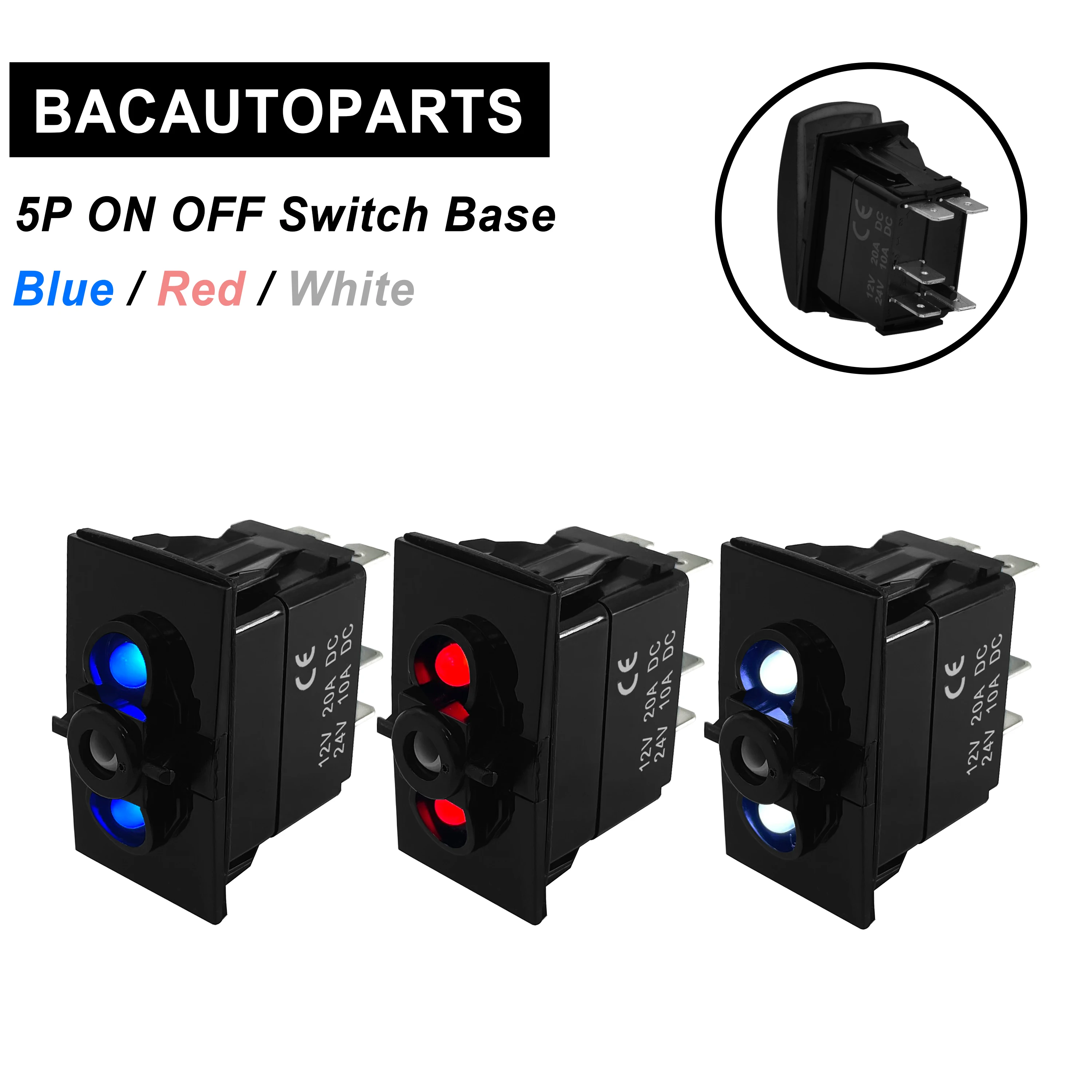 SPST 5P ON OFF Red/Blue/White Dual Led Only Rocker Switch Base 12V For