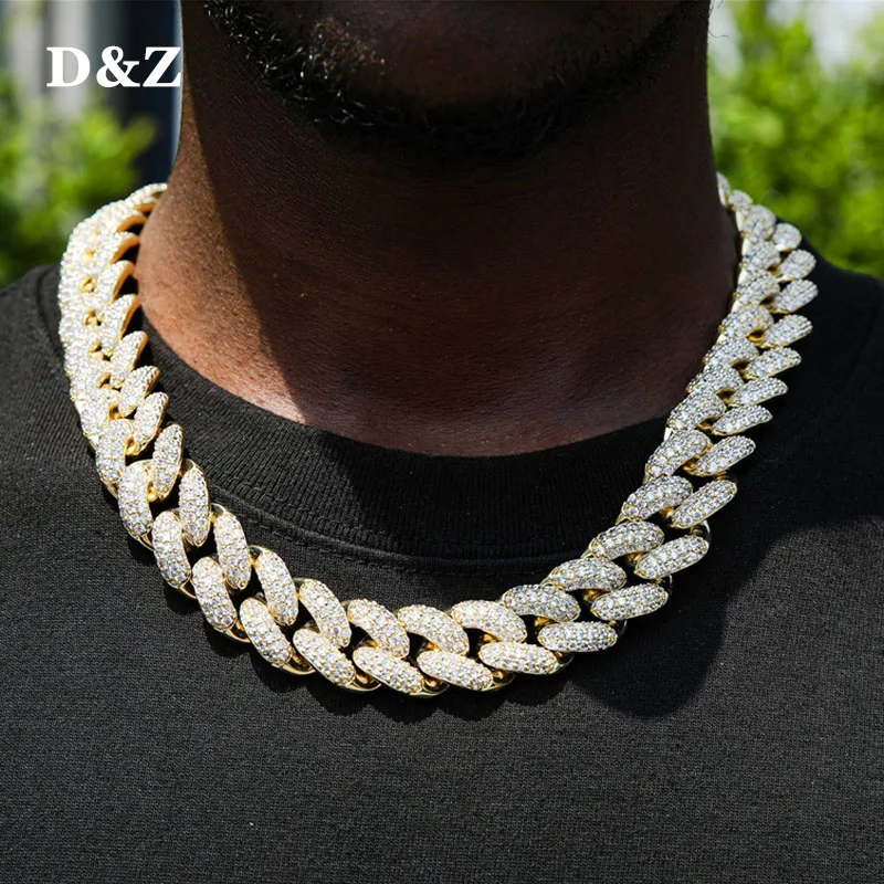 

D&Z New 19mm Prong Cuban Link Chain Iced Out Cubic Zirconia Stones Gold Plated Brass Material Hip Hop Jewelry Gift For Man
