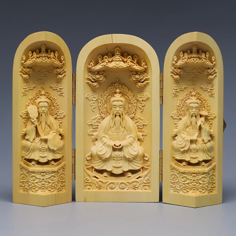 

Boxwood carvings with Buddhist niches three boxes of carved wooden Buddha statues Guanyin Western three sacred crafts hand piece