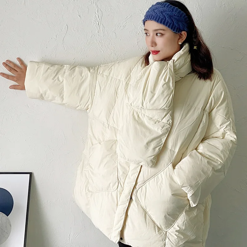 2023 new down jacket autumn and winter fashion scarf down coat fat MM loose increase Pinghu white duck down jacket for women