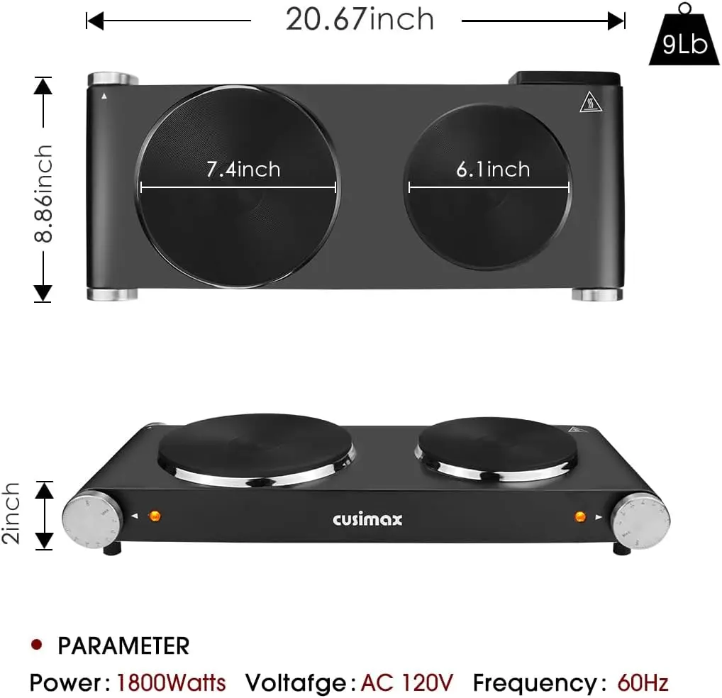 Double Hot Plates Electric Burner, 1800W Countertop Cooktop with Adjustable Temperature Control, Hot Plates for Cooking