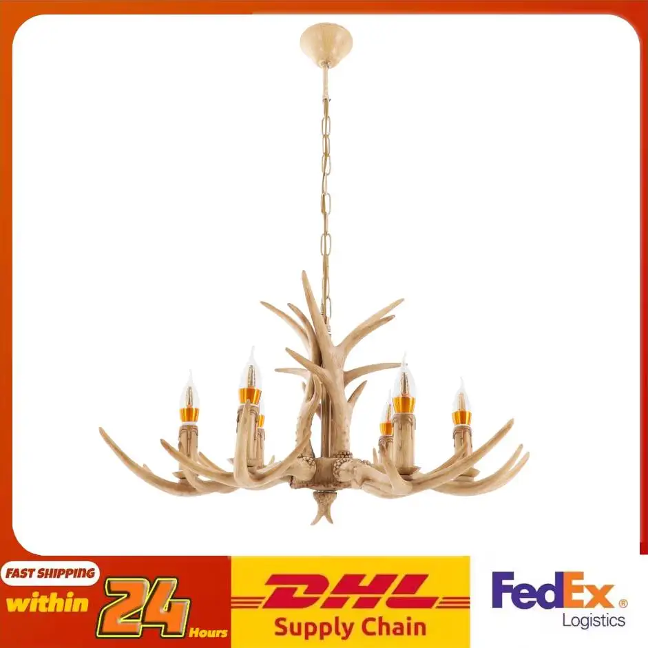 Chandelier 6 Lights Antler Design Ceiling Light Pendant Light Adjustable Height Rustic Charm for Dining Room Living Room Cafe