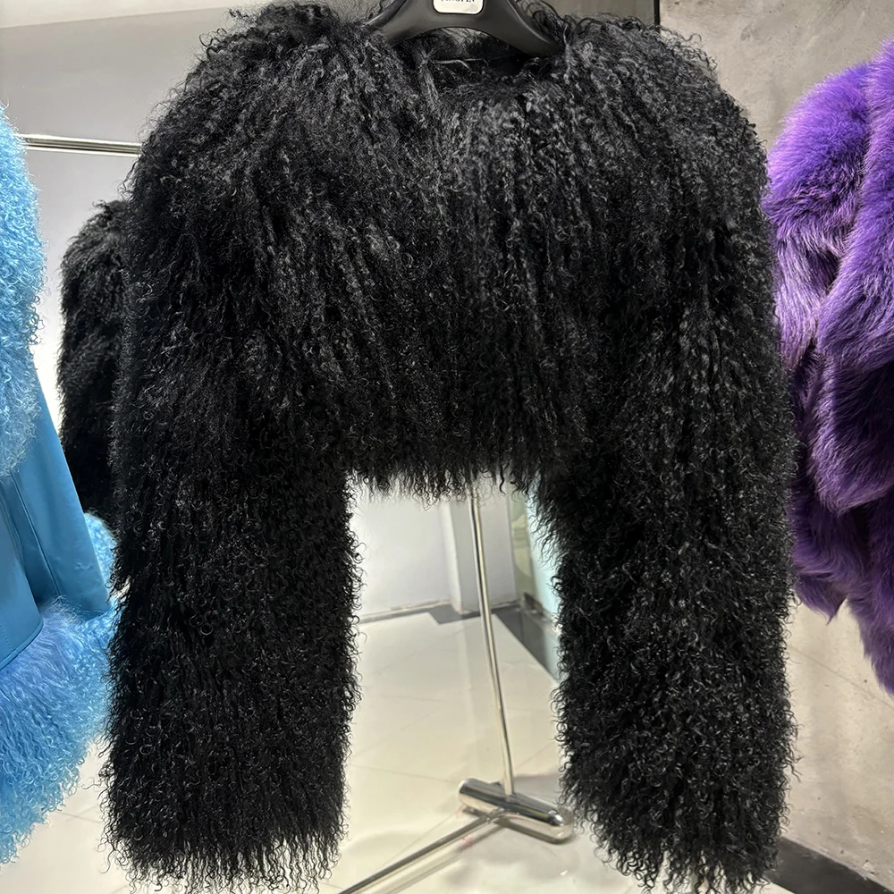 YOLOAgain Plus Size 8XL Women's Real Mongolia Sheep Fur Jacket Cropped Jacket Streetwear