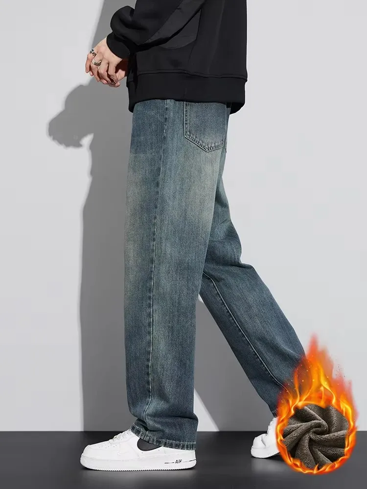 Winter New Men's Fleece Jeans Thickened Warm Fashion Korean Wide Leg Pants Baggy Straight Vintage Male Velvet Denim Trousers 5