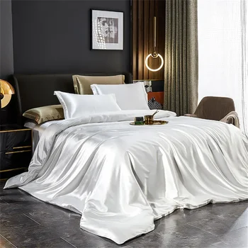 Solid Silk Bedding Set with Duvet Cover Bed Sheet Pillowcases Luxury Satin Single Double Bedsheet King Queen Twin Size 5