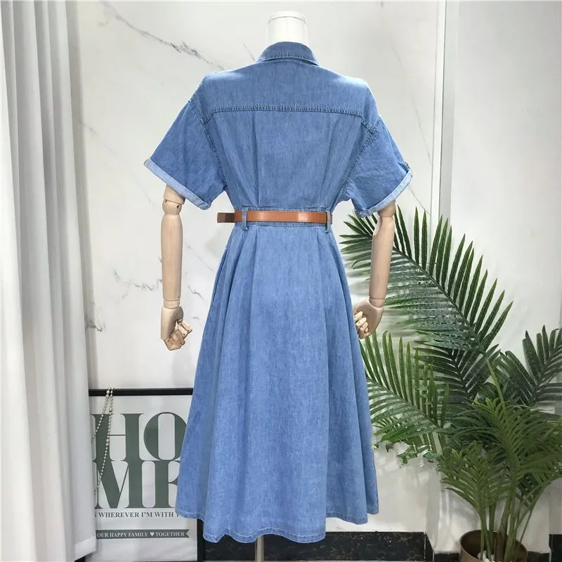 Women's Casual Short Sleeve Denim Dress Summer Single Breasted Shirt Long Dress Lady Pockets Mid Calf Length Denim Dress