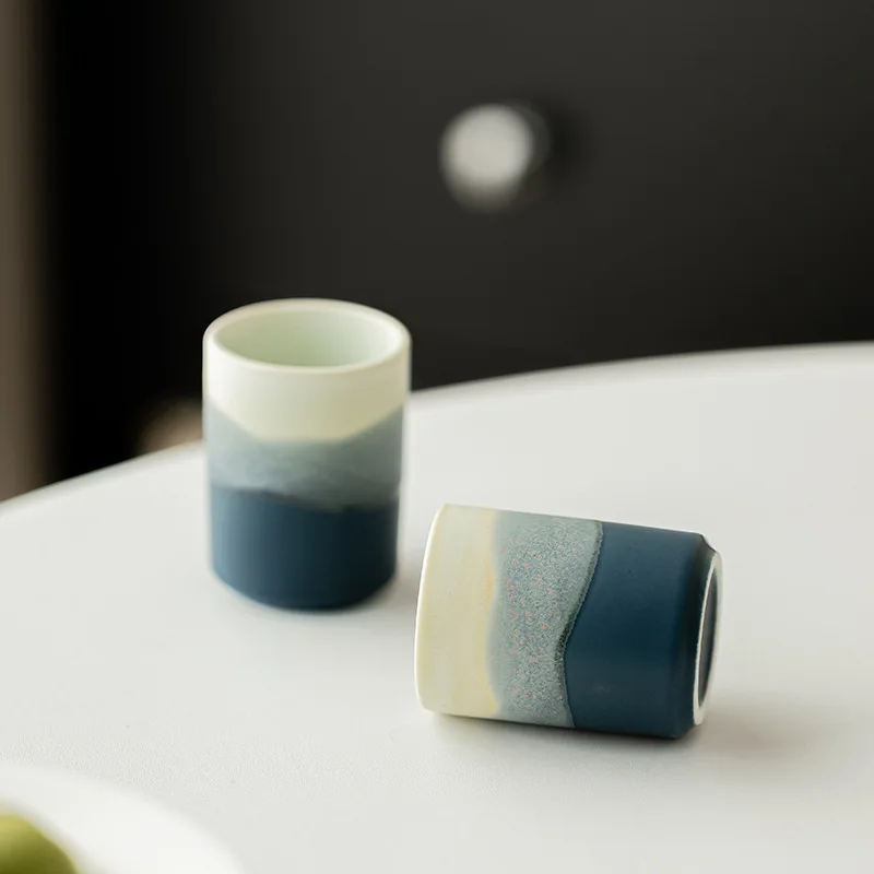2pc/lot Gradient Mountain And Sea Ceramic Teacup Reverse Mouth Tea Bowl Tasting Tea Straight Cup Master Cup Mugs Kung Fu Teaset