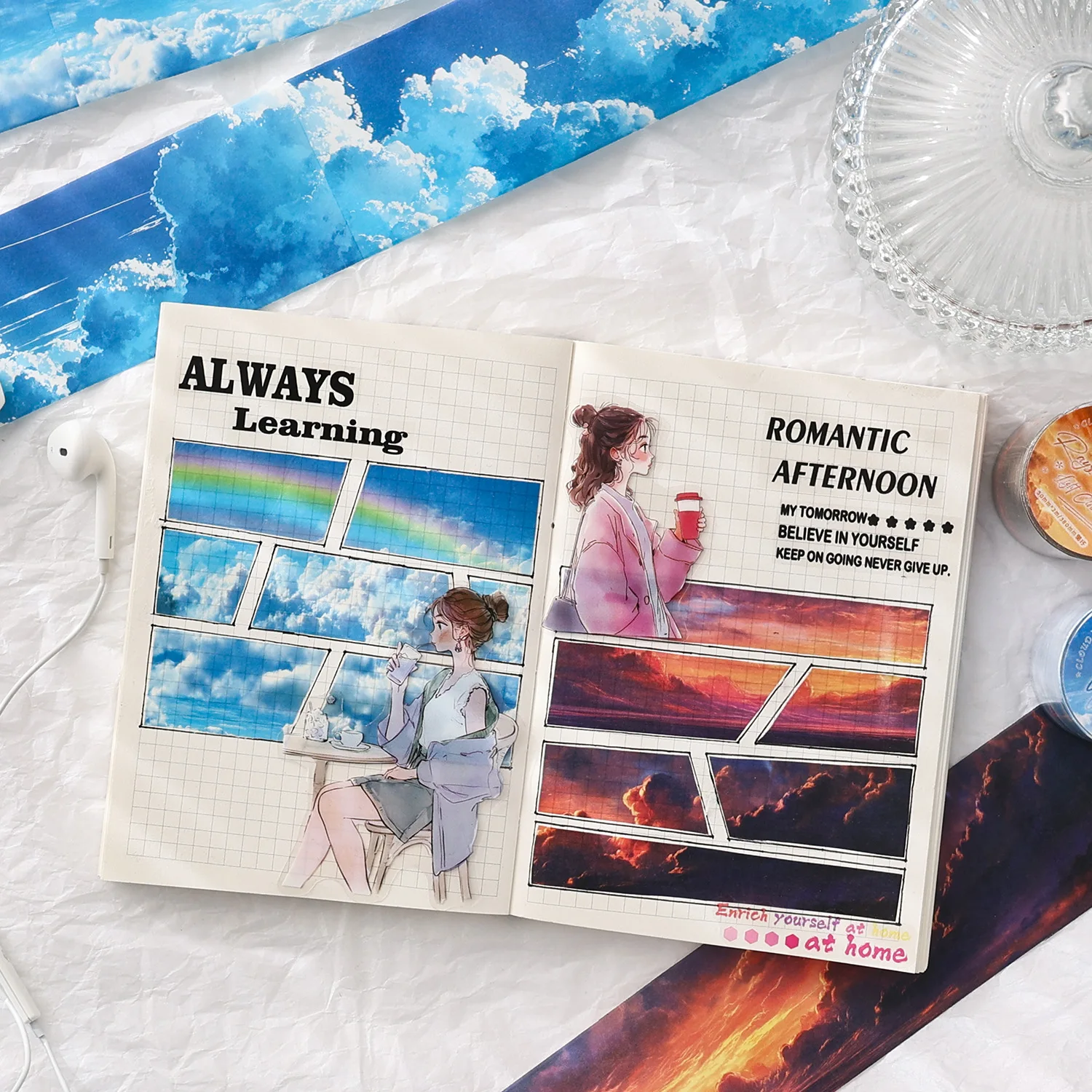 Journamm 50mm*2m 와시 재질 마스킹 테이프 스티커 하늘 구름 테마 콜라주 정크 저널 재료 장식 DIY 다이어리 앨범 스티커