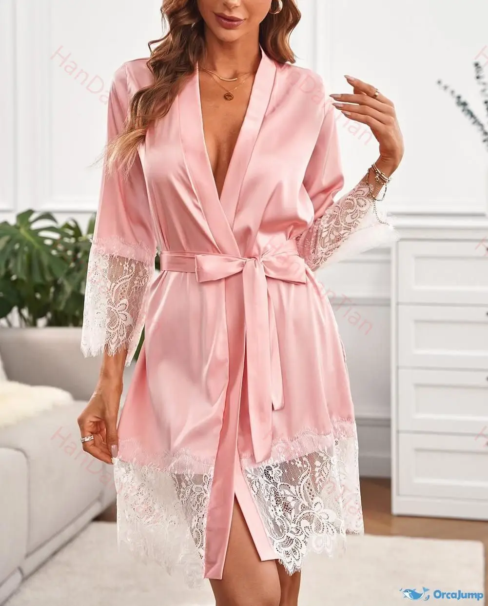 Silk Robe for women boudoir bridal robe wedding dress Pink Satin Kimono Robe With Lace Trims