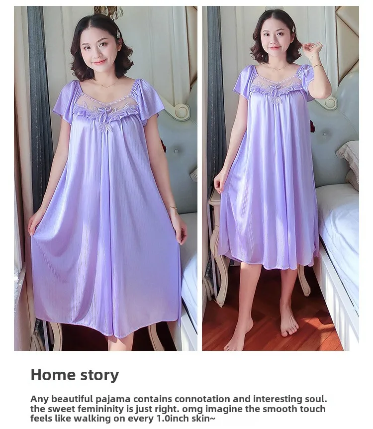 Ladies Nightdress Sexy Ice Lace Large Size Solid Color Flower Pajamas Thin Short-sleeved Lace Skirt Night Dress Women Dress