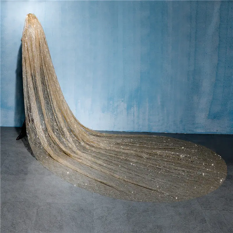 Bridal Veil Gold 3Meters Long Luxurious Cathedral Train Shiny Bling Bling Sequins Bridal Accessories