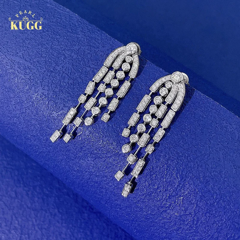 

KUGG 18K White Gold Earrings Real Natural Diamond Drop Earring Minimal Style Tassels Design Jewelry for Women Senior Banquet