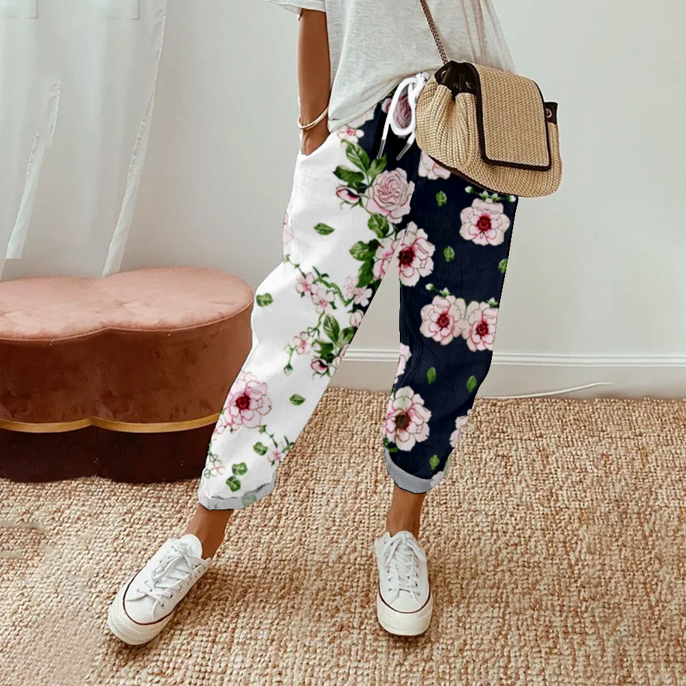 Summer Elegant Floral Print Pants Fashion Women Casual Elastic Waist Harem Pants Y2k Clothes Loose Office Trousers Streetwear