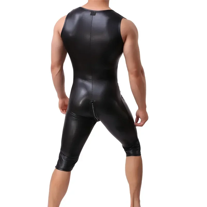Sexy Men's Undershirts Sleeveless PU Leather Bodysuits Zipper Open Crotch Leotard Jumpsuits Underwear Gay Male Wrestling Singlet