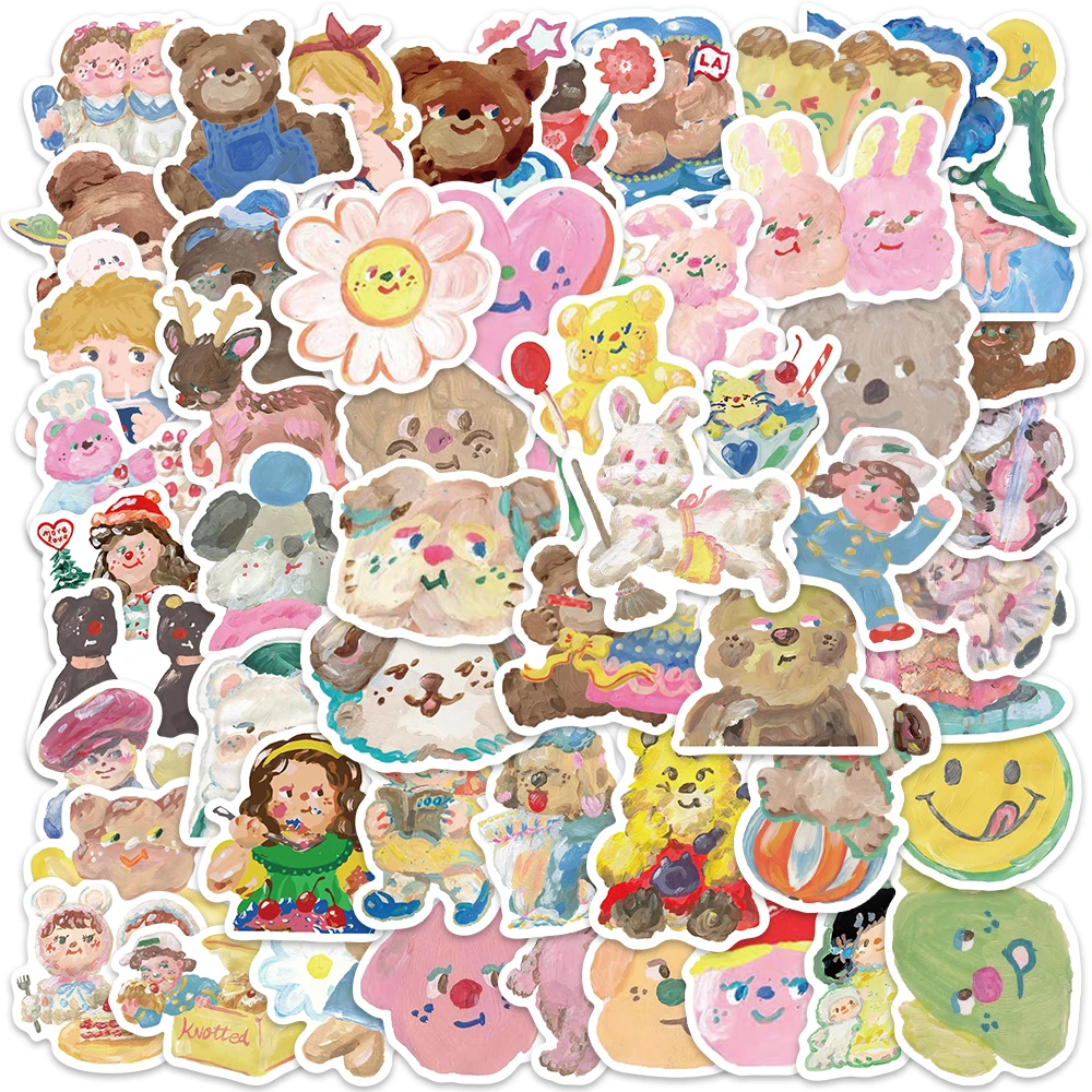 

55PCS Cute Cartoon Oil Painting Stickers Child Reward Graffiti Decals For Water Bottle Laptop Fridge Diary Aesthetic Stickers