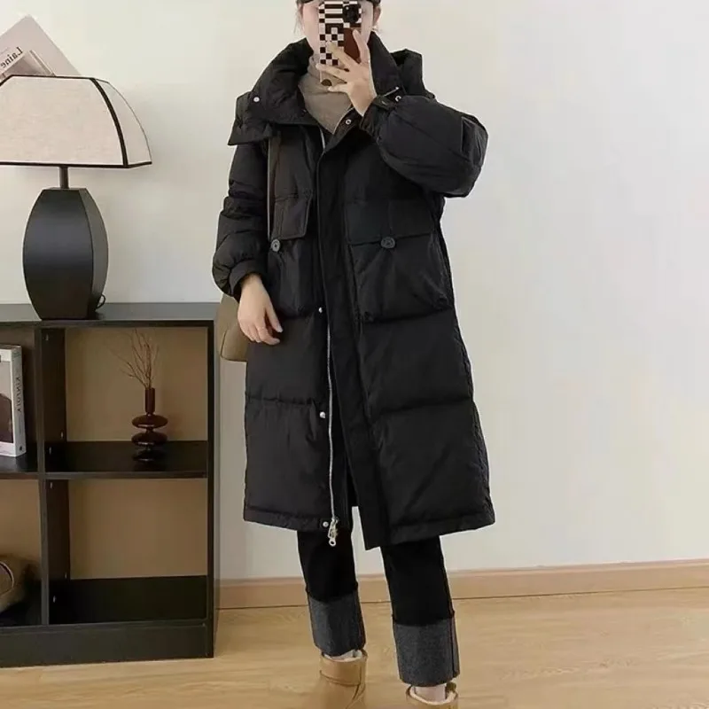 2023 New Women Down Jacket Winter Coat Female Mid Length Version Parkas Loose Warm Thick Outwear Hooded Solid Color Overcoat