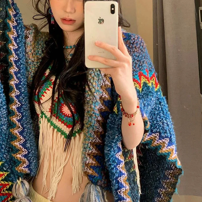 Ethnic Style Shawl Yunnan Tibet Tourism Lijiang Thickened Knitted Tassel Split Scarf New