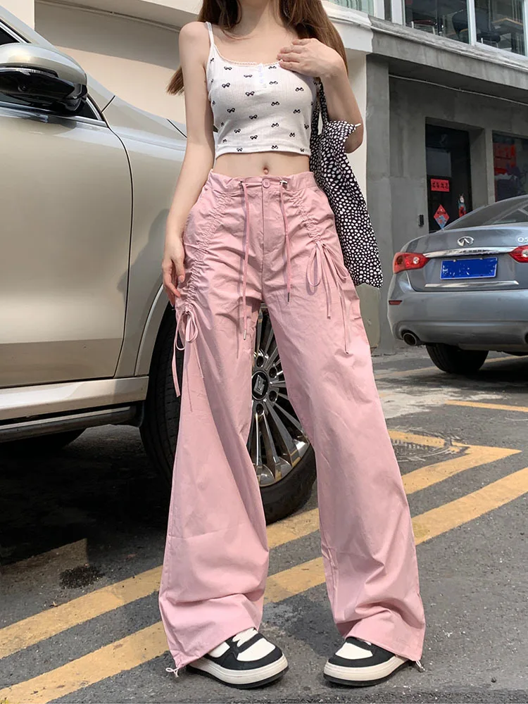 

Плиссированные рабочие брюки в уличном стиле с лентой и бантом, свободные прямые повседневные брюки в стиле хип-хоп с завязками