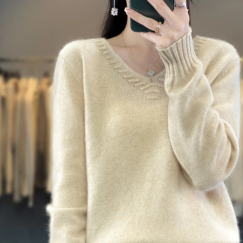 

23 Autumn and winter New 100 Pure cashmere sweater women V Collar solid color jacquard thickened jumper wool knitted bottoming s