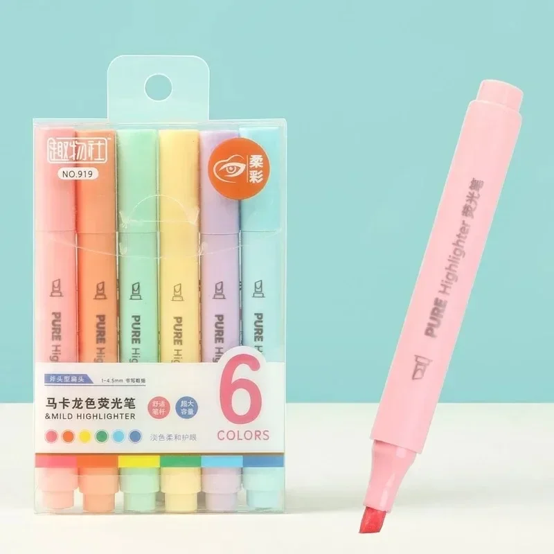 Pastel Color Macaron Highlighter Pen Marker Pens Fluorescent Pen Drawing Highlighters Cute Stationery School Supplies 6Pcs/set