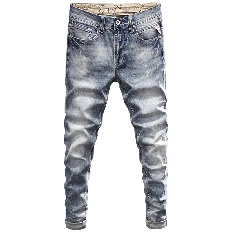 Newly Designer Fashion Men Jeans Retro Gray Blue Elastic Slim Fit Ripped Jeans Men Casual Trousers Vintage Denim Pants Hombre