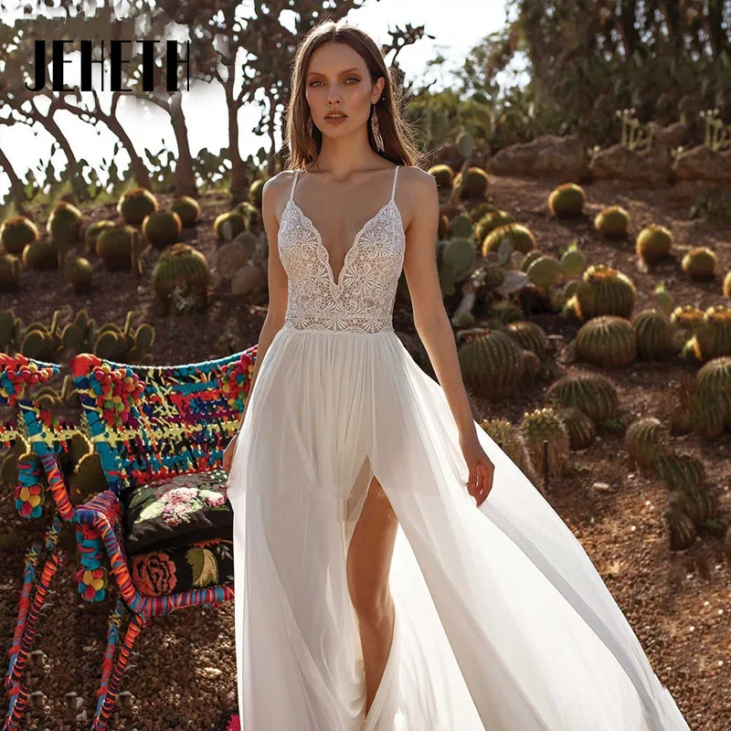 

JEHETH Elegant A Line V-Neck Wedding Dress 2023 Sexy High Split Chiffon Spaghetti Strap Bridal Gown Sweep Train Vestido De Noiva