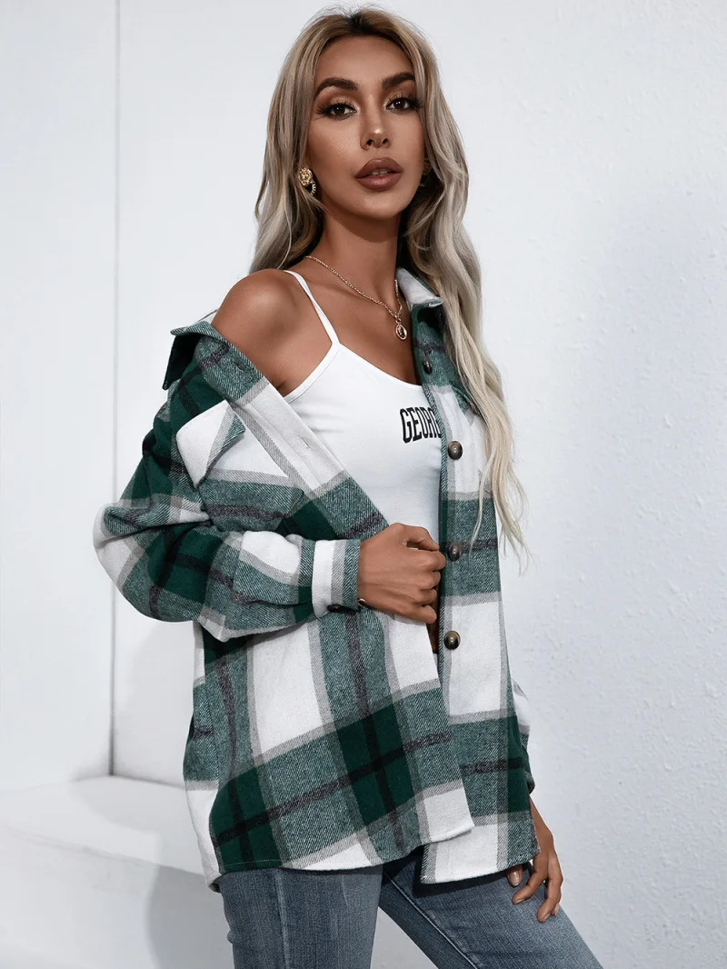 2023 Autumn Winter Women's Wear Long Sleeve Polo Collar Loose Plaid Thickened Woolen Coat Woolen Jacket Ladies