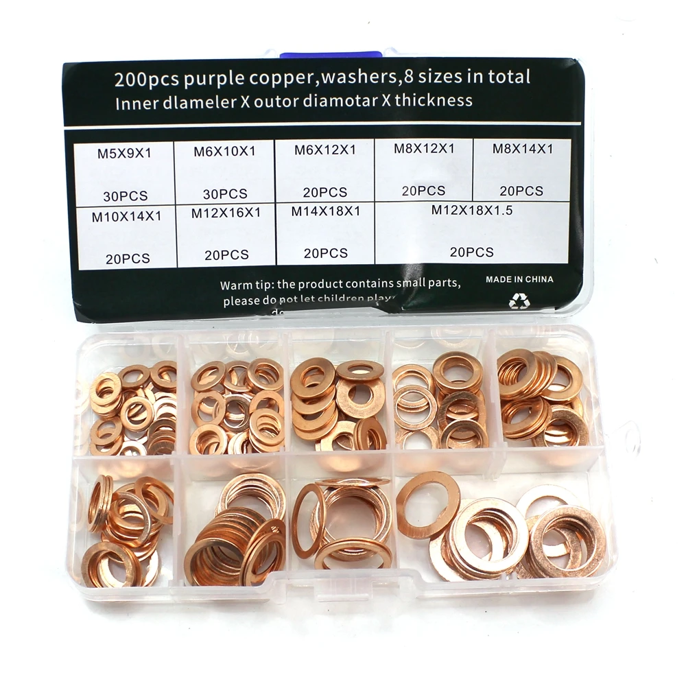 Copper Washer Gasket Nut and Bolt Set Flat Ring Seal Assortment Kit with Box //M8/M10/M12/M14 for Sump Plugs
