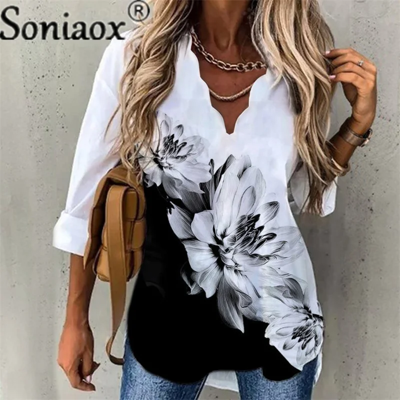 2022 Summer New Flowers Printed Sexy Shirts Women Kimono Tops Blouse Long Sleeve V-Neck Elegant Ladies Casual Street Blouses jinjin qc women floral printed scarf viscose cover up beach japanese kimono echarpe foulard femme bandana bufanda mujer hijab