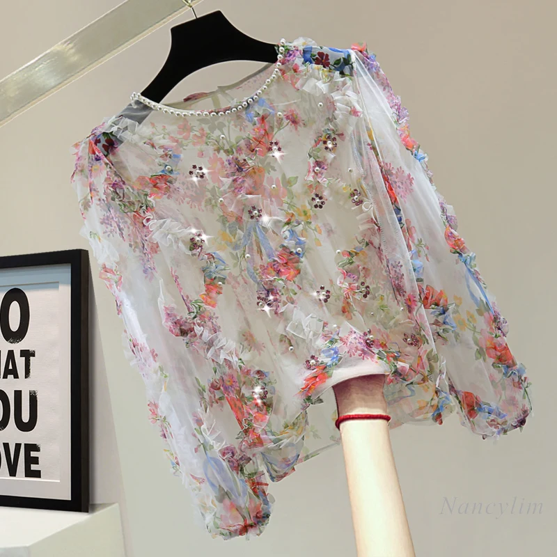 

Ruffled Printing Ladies' Mesh Sun Protection Shirt Summer Slimming Beads Rhinestones Thin Round Neck Long Sleeve Top for Women