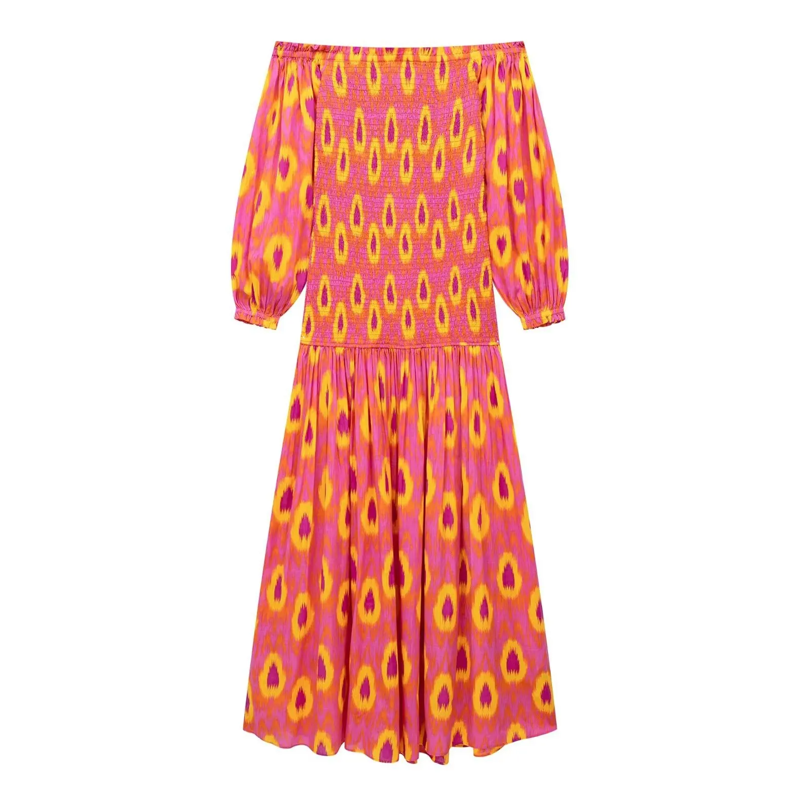 Vestido playero bohemio vintage de manga abullonada de TEELYNN para mujer, vestido sexy de rayón con hombros descubiertos y cuello oblicuo, vestidos casuales largos de verano