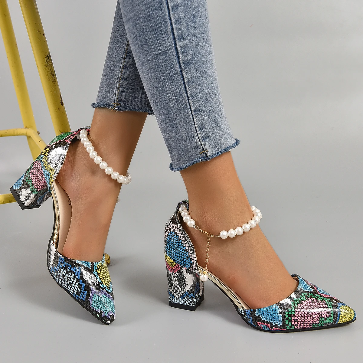 Aphixta Snake Pattern High Heel Sandals Summer Elegance Retro Women's Square Heel Sandals Size 33-46 Pearl Chain Design