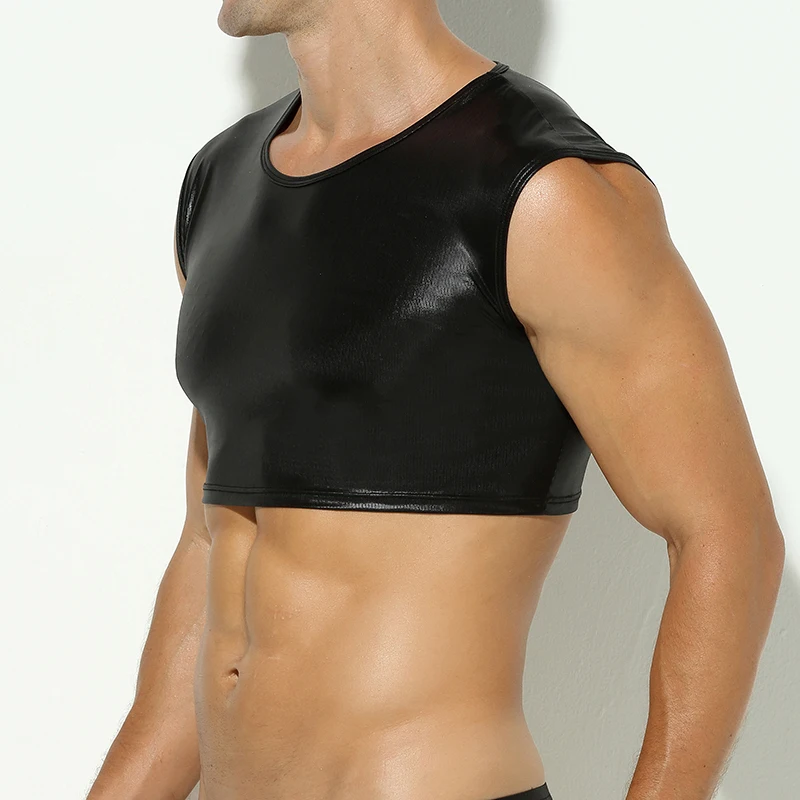 

Golden Men Tanks XL Undershirts PU Leather Underwear Tops Gay Sexy Stage Dance Showwear Male Lingerie Vest Tank Chest Harness